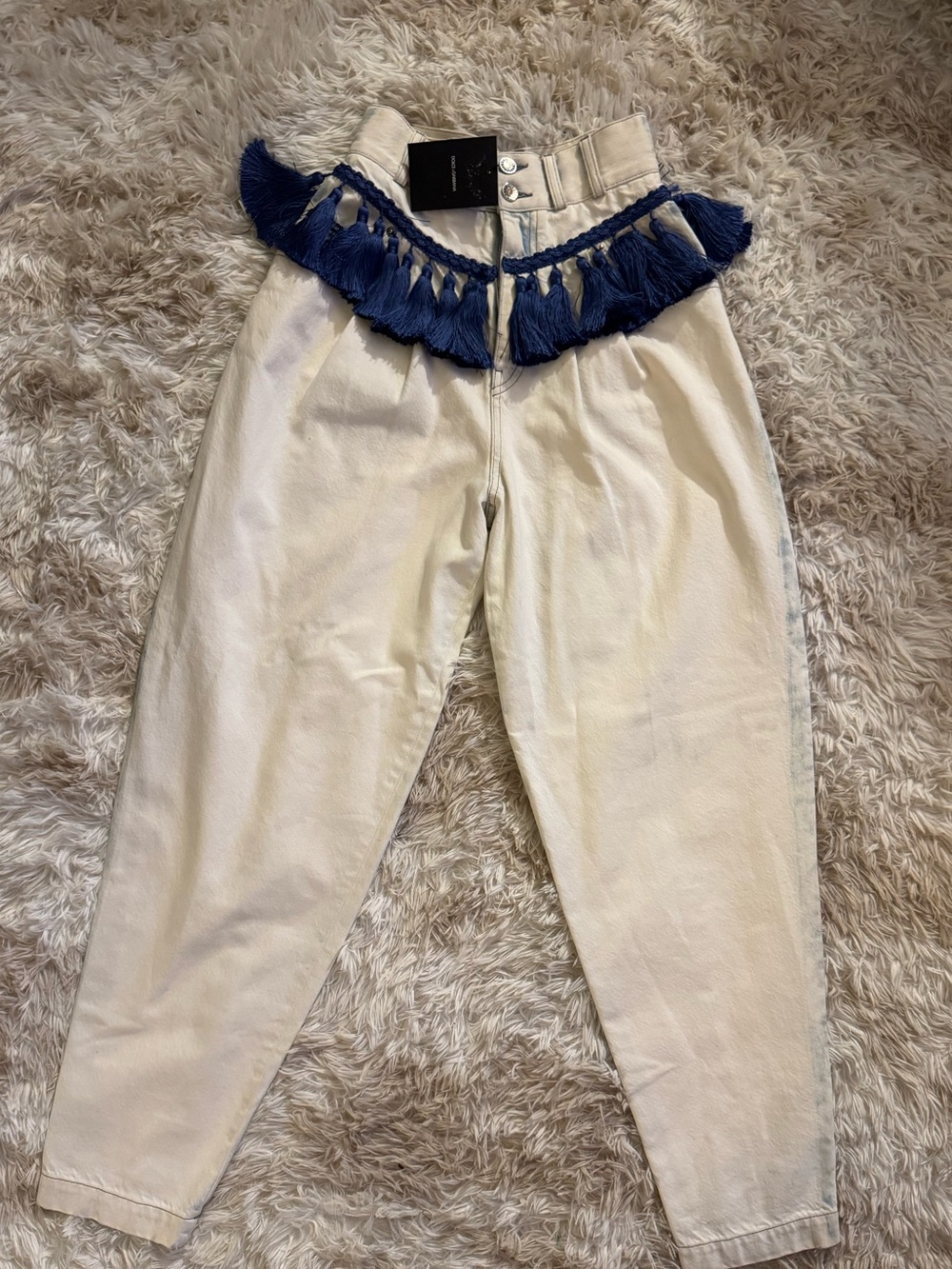 Dolce & Gabbana  Cream Pants with Blue Fringe Waistband